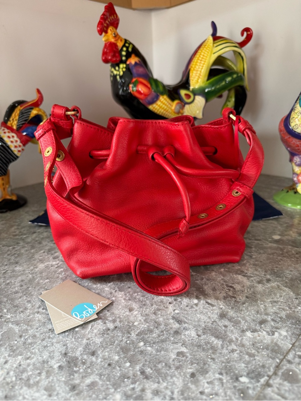 Boden Red Pebbled Leather Drawstring Crossbody